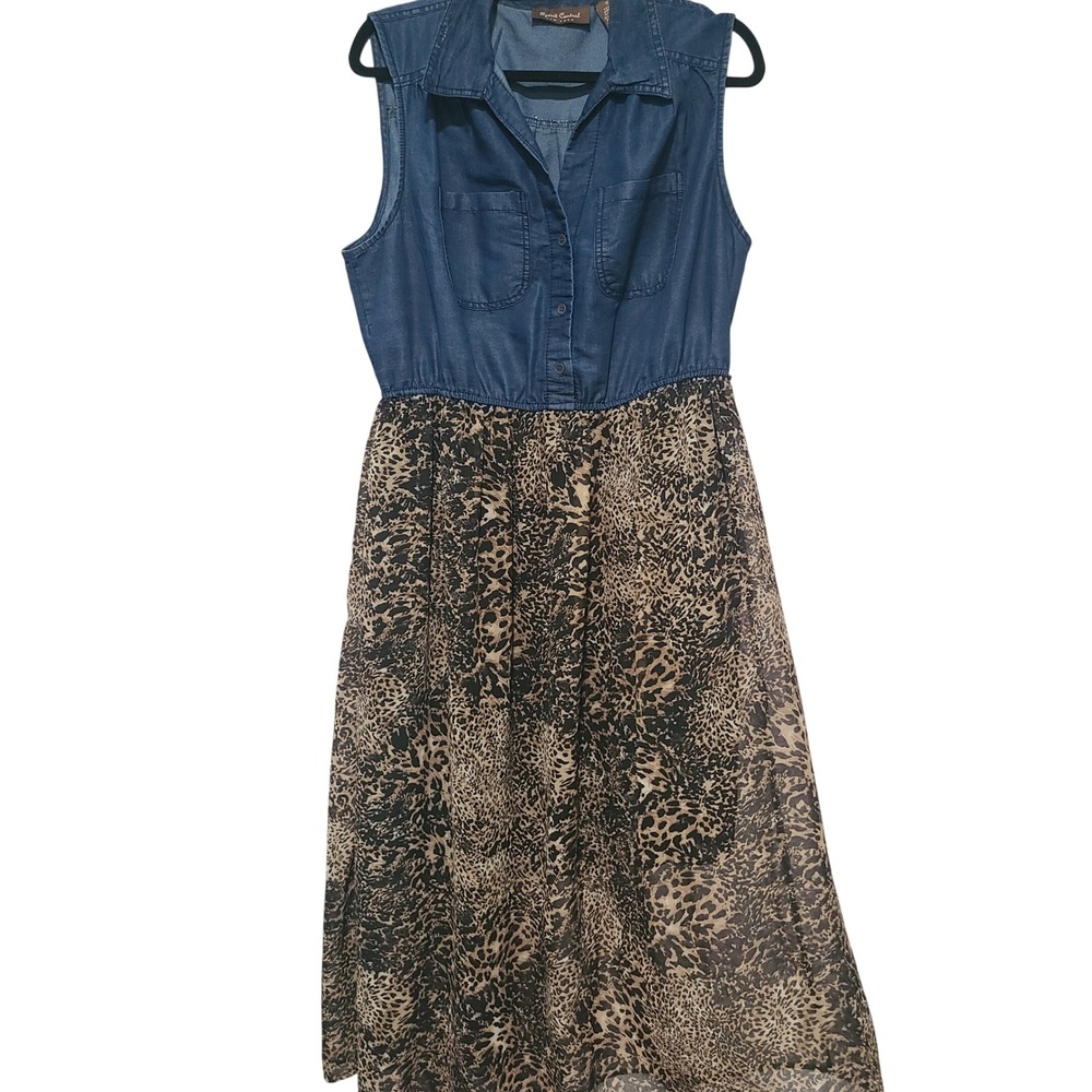 Speed Control New York Denim Leopard Print Mixed Media Maxi Dress Plus 1X Blue